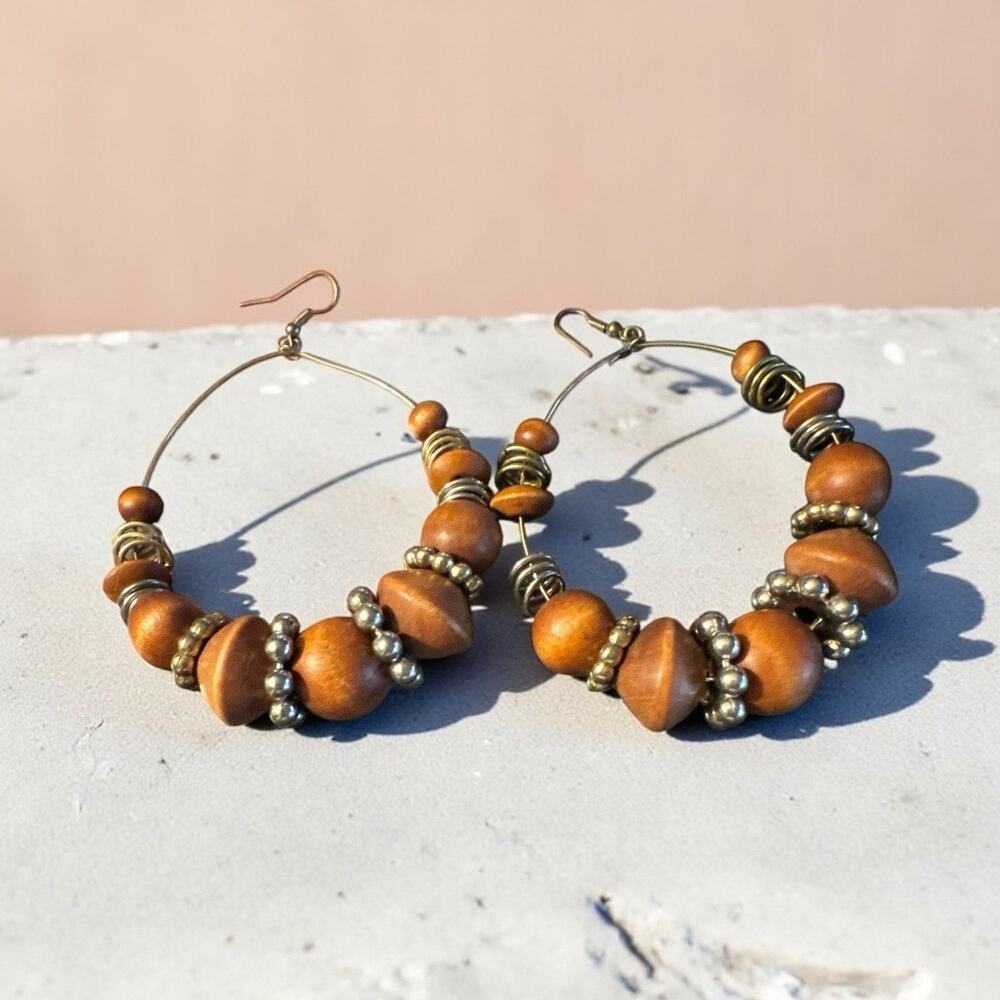 Brown Bead and Silver Accent Boho Hoop Pierced Earrings